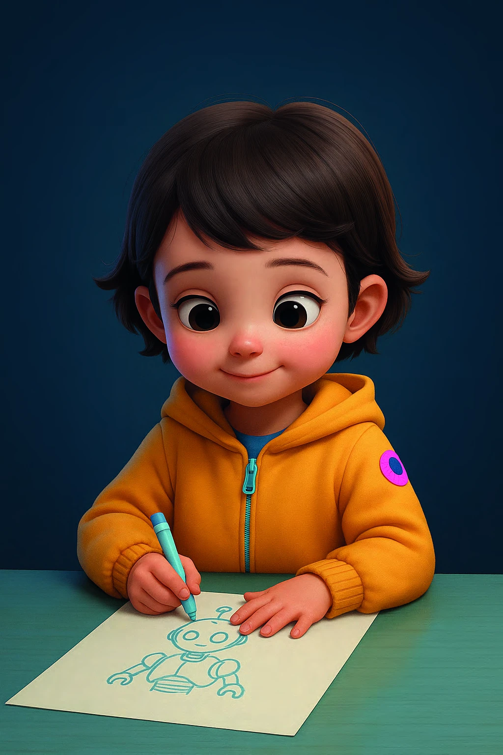 Simon sorride mentre disegna con i suoi colori